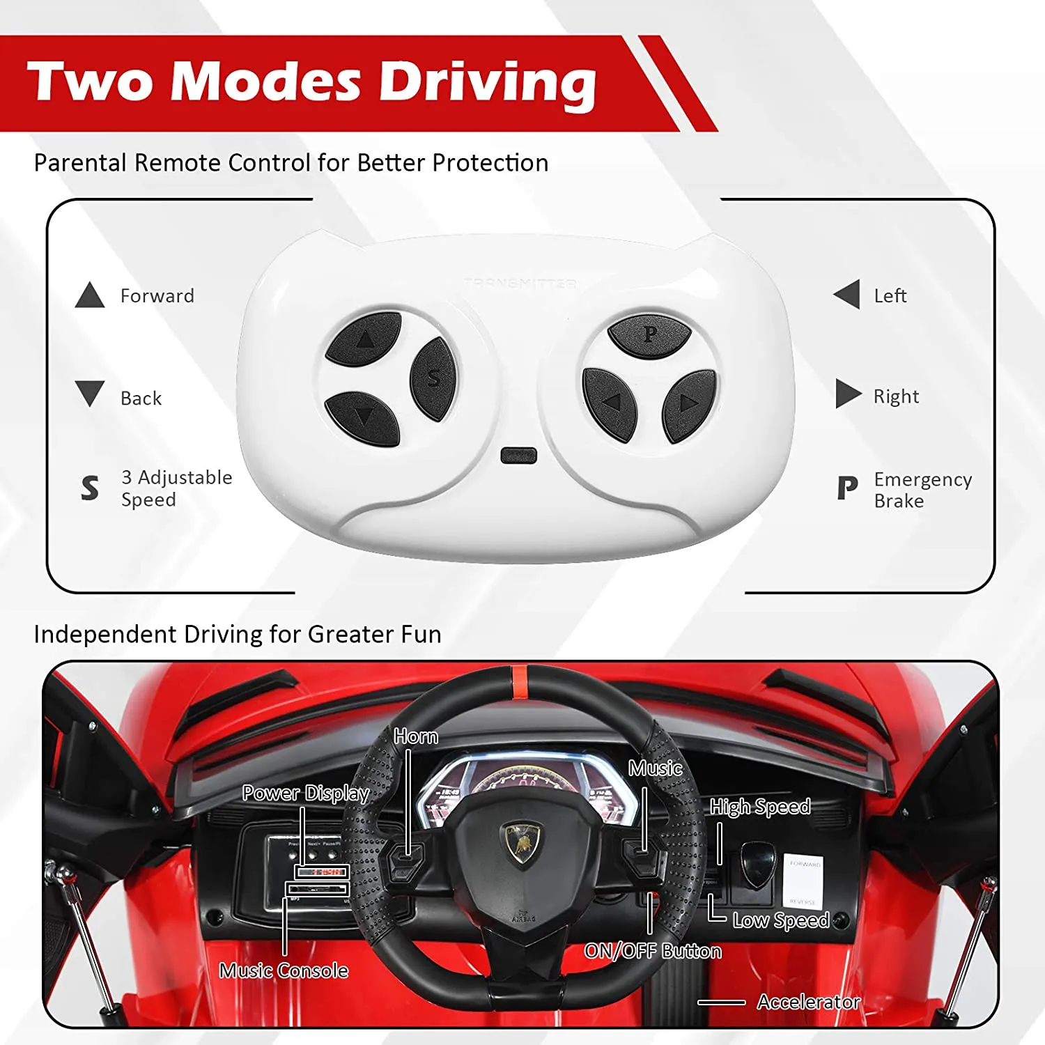 12V Kids Electric Ride on Car with Remote Control and Music-Red