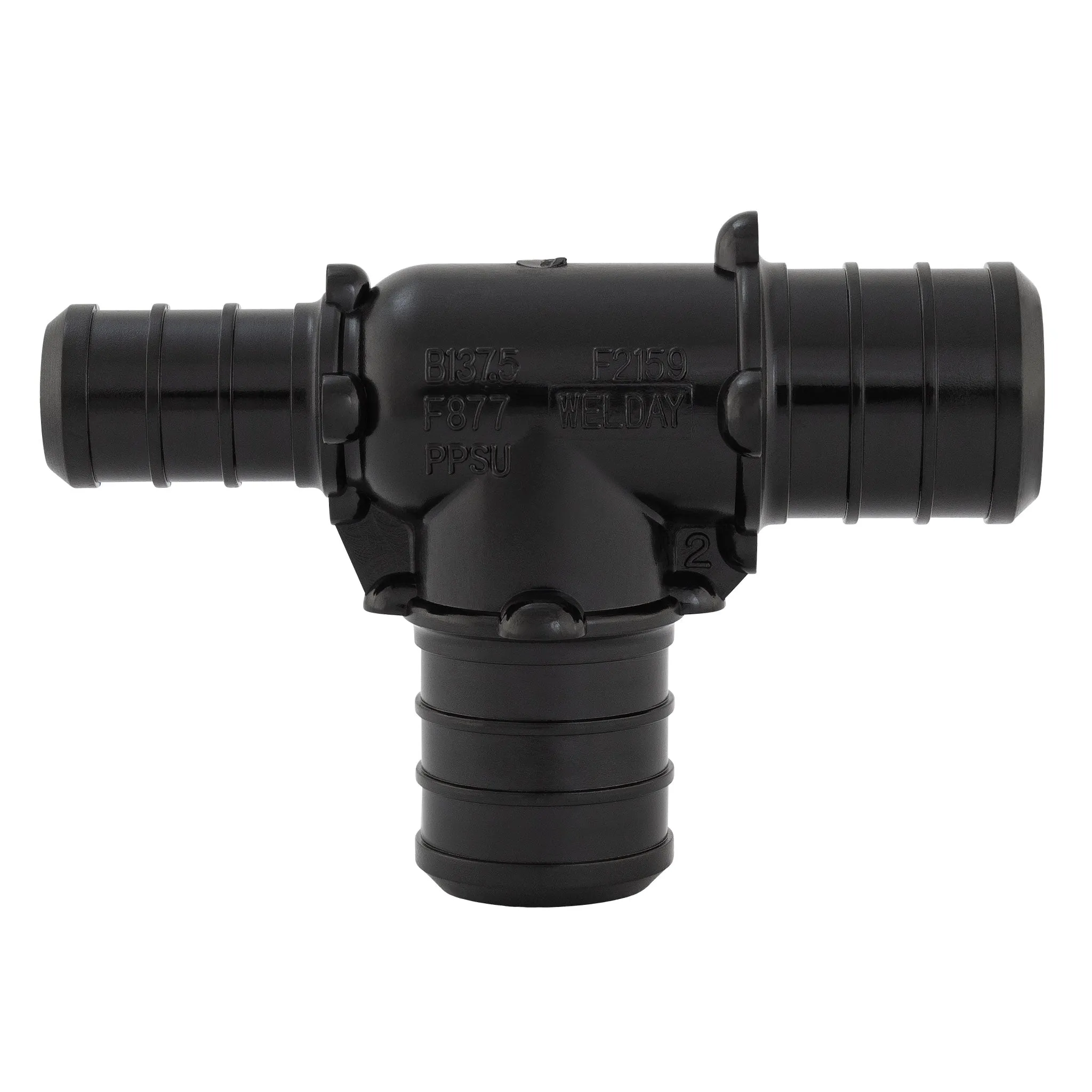 1" x 3/4" x 1" PEX B Crimp Barb PPSU Black Poly Reducing Tee, ASTM F2159