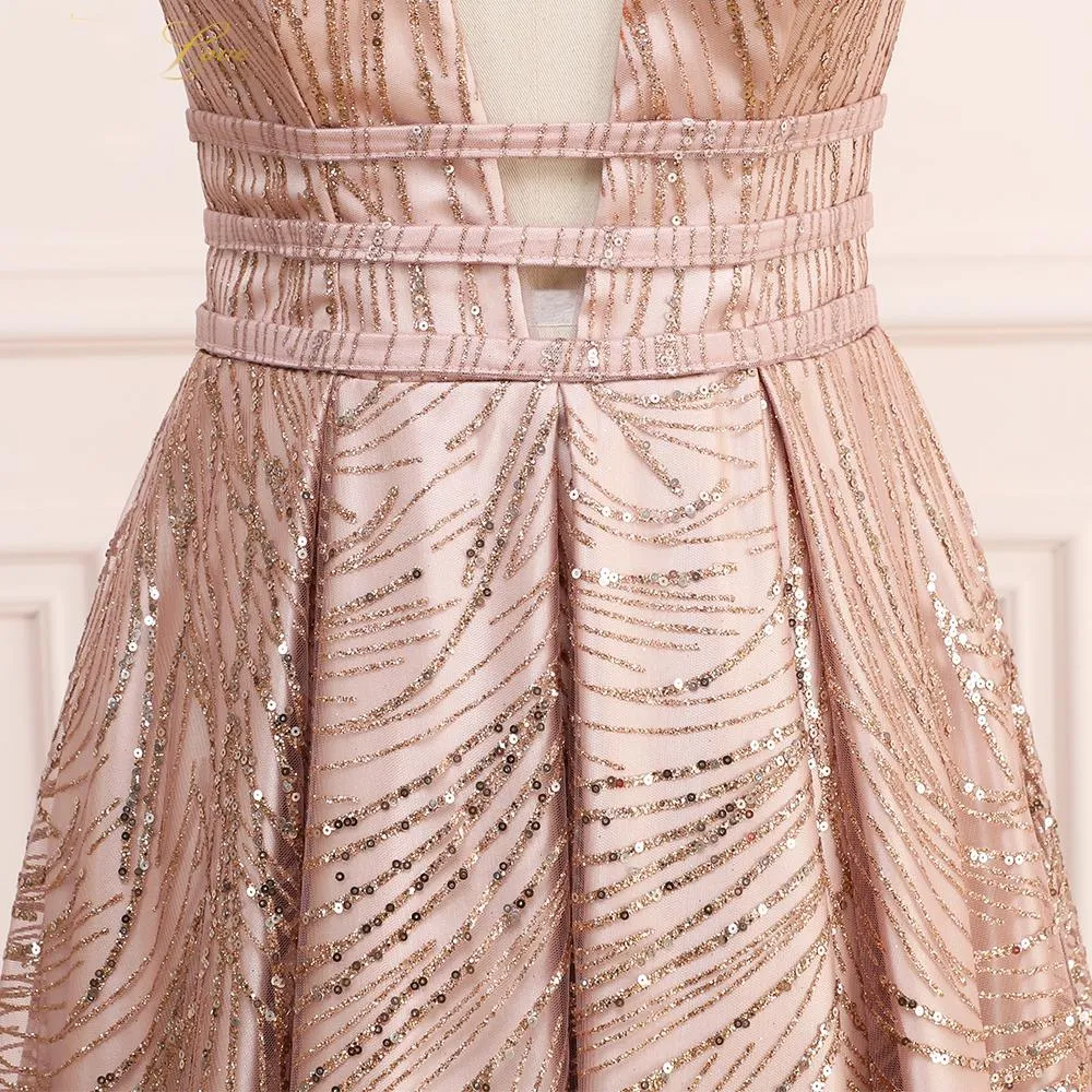 A Line Deep V Neck Long Prom Dress with Sequins, Glitter Sleeveless Evening Dress UQ2271