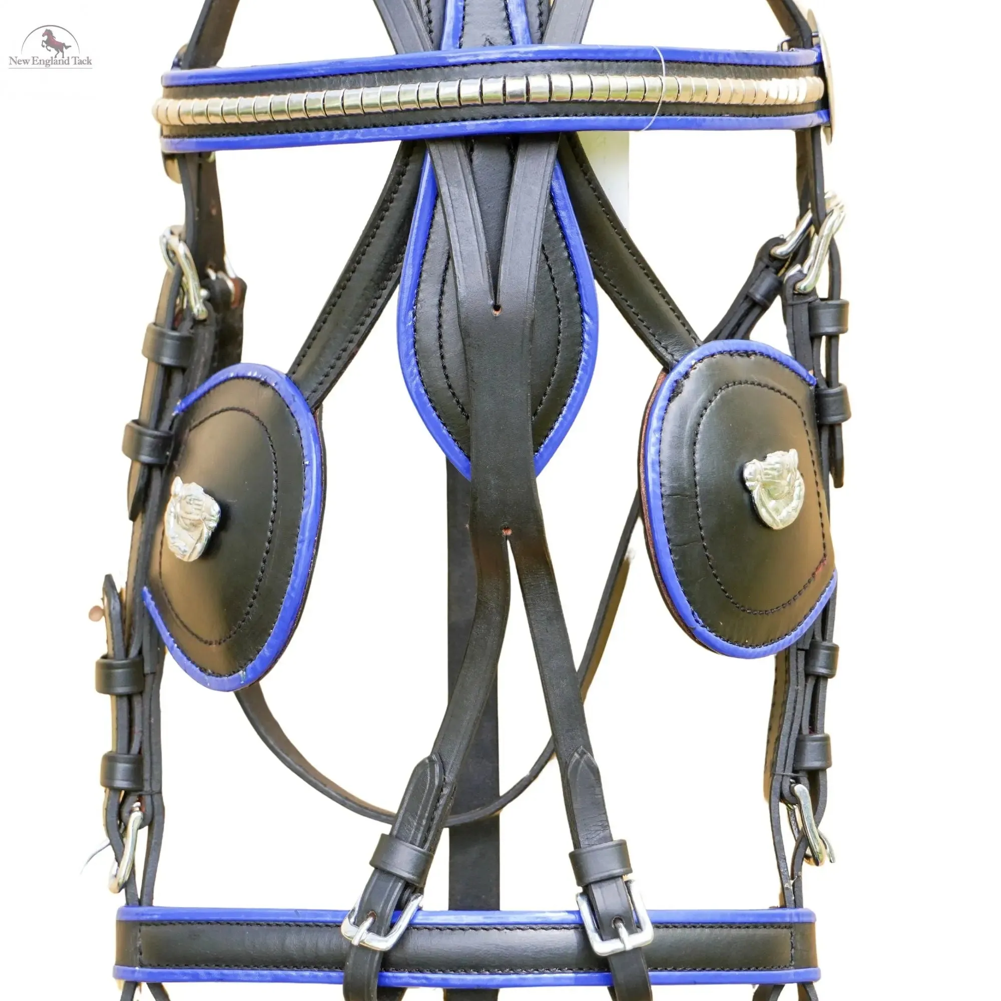 Black Horse Patent Leather Driving Harness Blue Trim Set Available In Miniature Small Pony Cob and Full Horse