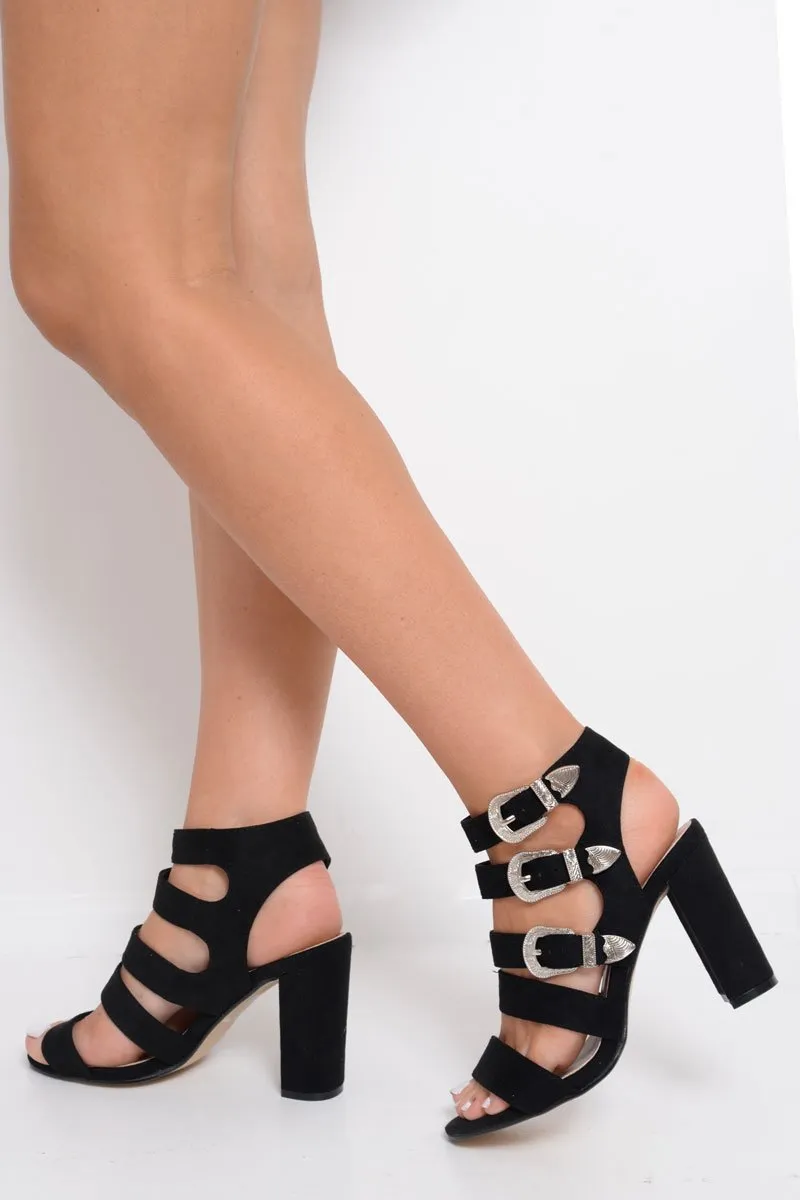 Black Multi Strap Western Buckle Heels - Aanaya
