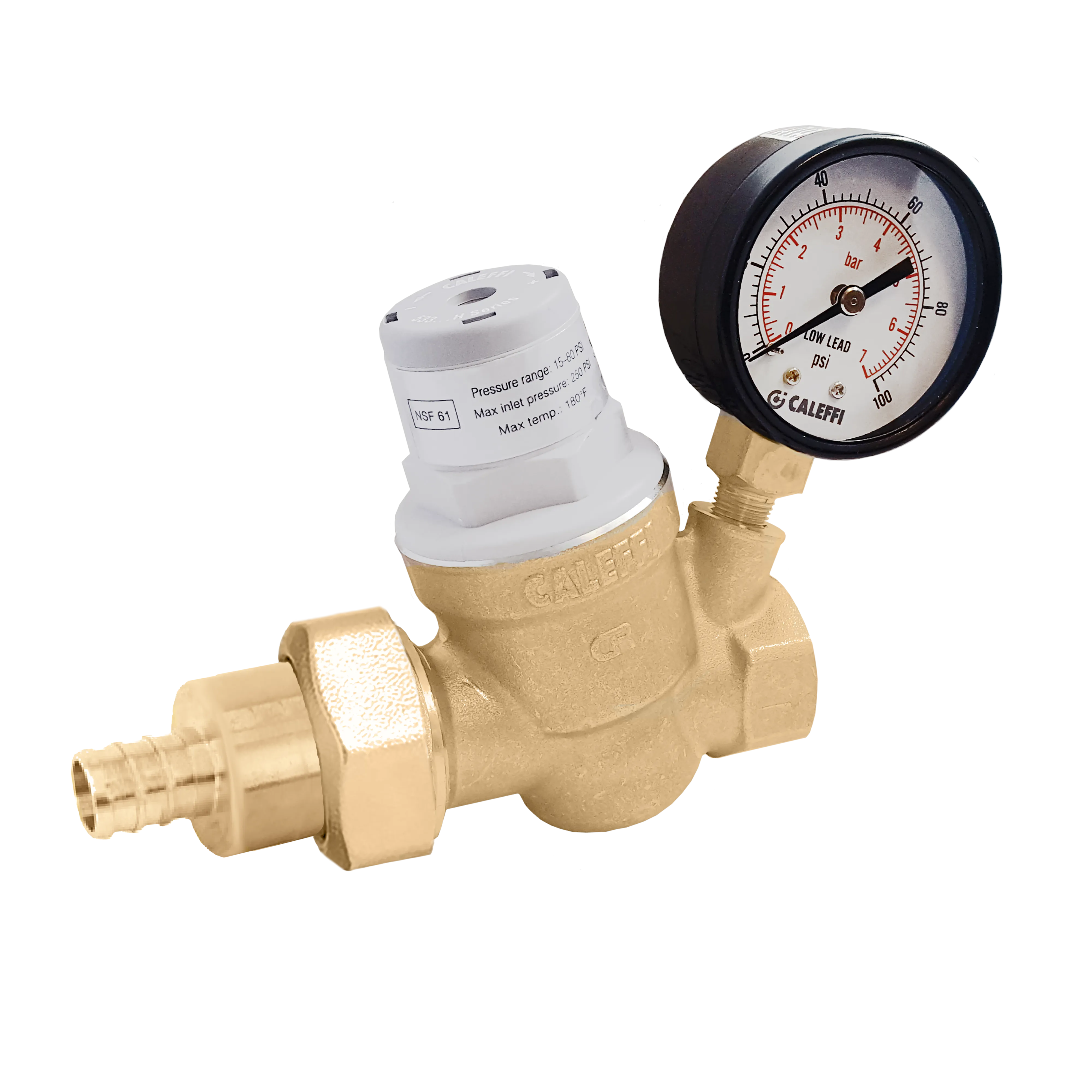 Caleffi 533851HA PresCal™ Compact Pressure Reducing Valve with Gauge, ¾" PEX Expansion Union in, FNPT out