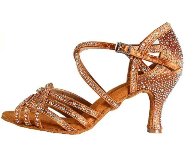 Dark Tan Satin Rhinestone Ballroom Dance Shoes Salsa Latin Dance Shoes