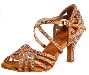 Dark Tan Satin Rhinestone Ballroom Dance Shoes Salsa Latin Dance Shoes