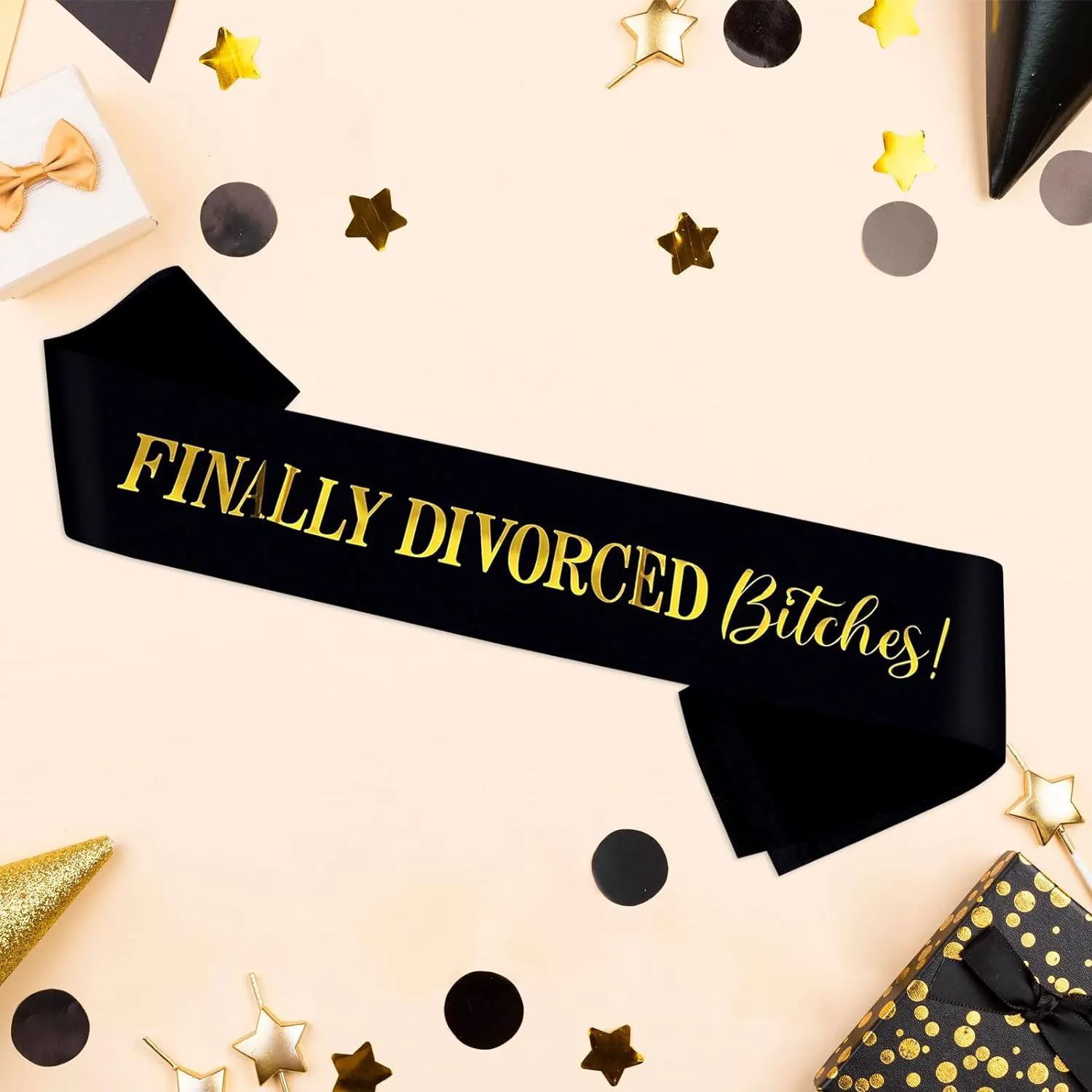 Finally Divorced Bitches Sash, Black Sash with Gold Glitter - Just Divorced Funny Happy Divorced Party Decoration -Funny Divorced Boy Bye Satin Sash