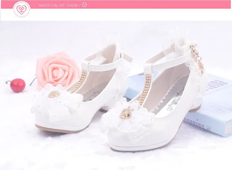 Lovely Girls' Lace Flower Trim Low-heeled PU Princess Shoes For Dance Dress