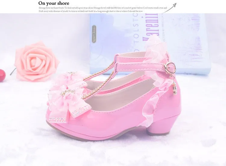 Lovely Girls' Lace Flower Trim Low-heeled PU Princess Shoes For Dance Dress