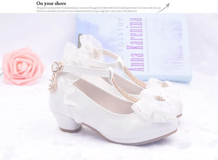 Lovely Girls' Lace Flower Trim Low-heeled PU Princess Shoes For Dance Dress