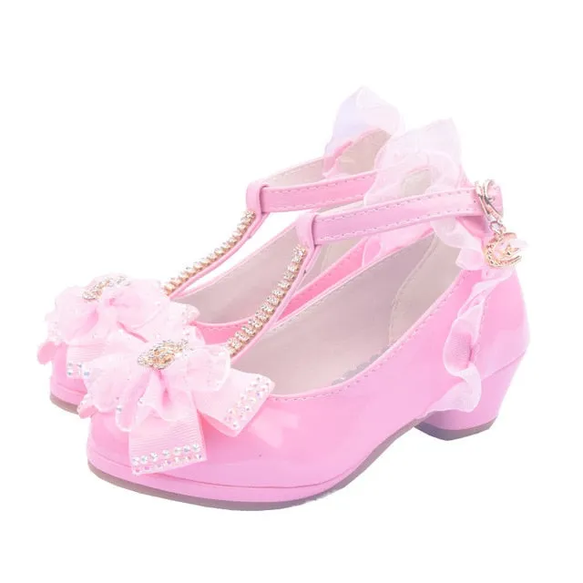 Lovely Girls' Lace Flower Trim Low-heeled PU Princess Shoes For Dance Dress