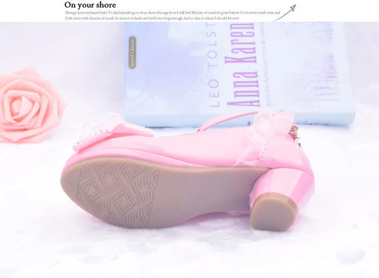 Lovely Girls' Lace Flower Trim Low-heeled PU Princess Shoes For Dance Dress