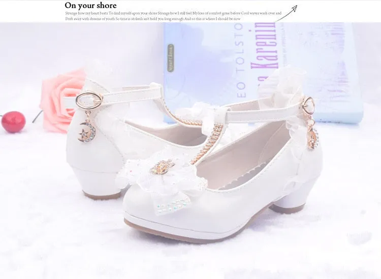 Lovely Girls' Lace Flower Trim Low-heeled PU Princess Shoes For Dance Dress
