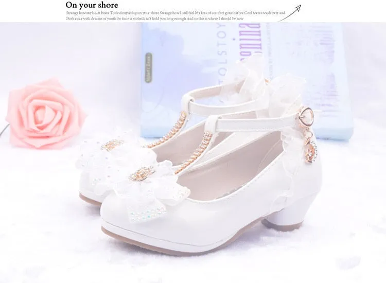 Lovely Girls' Lace Flower Trim Low-heeled PU Princess Shoes For Dance Dress