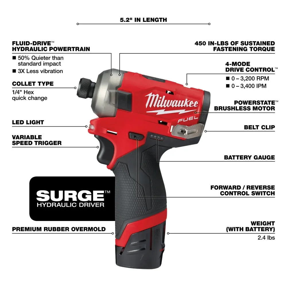 Milwaukee 2551-22 M12 FUEL SURGE 1/4" Hex Hydraulic Driver 2 Battery Kit