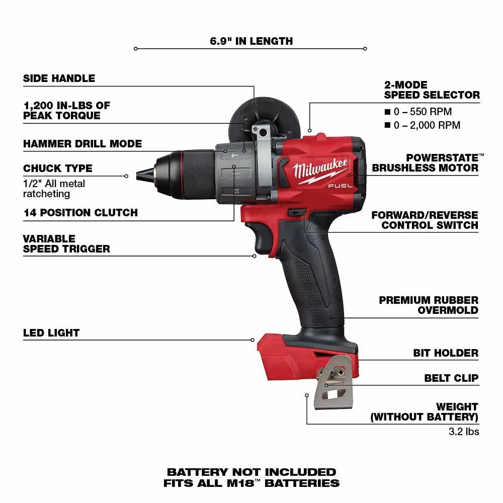 Milwaukee 2804-20 M18 FUEL 1/2" Hammer Drill, Bare Tool