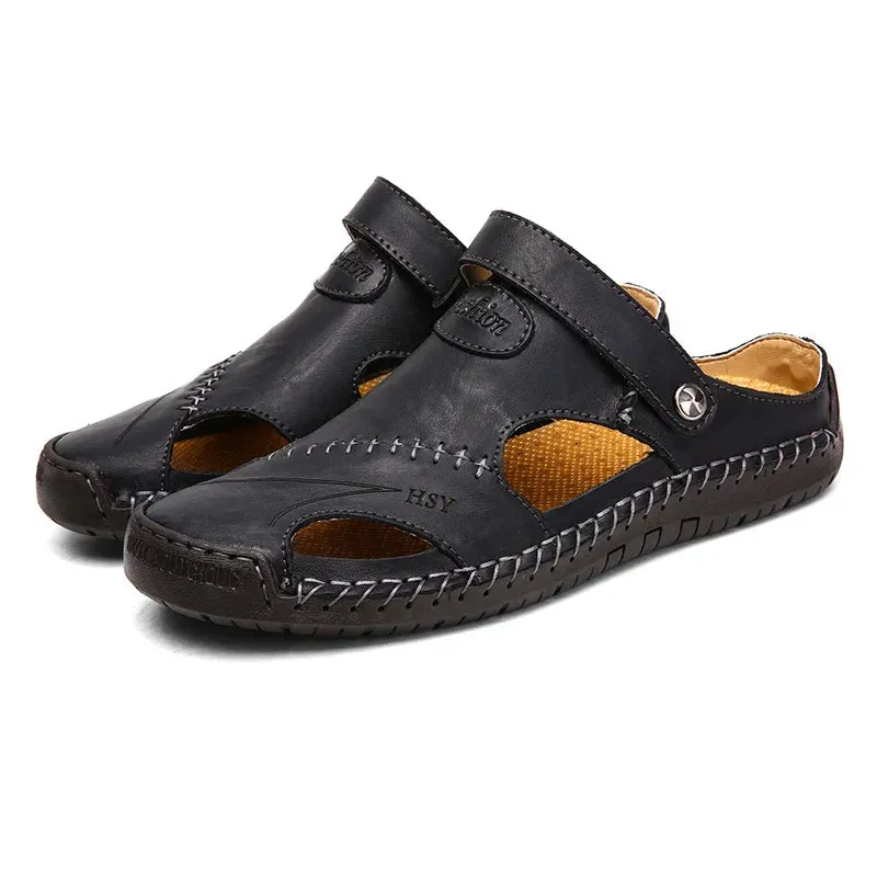 Sohiwoo 2024 Men's leather sandals trendy fashion casual work men's driving shoes large size hollow breathable shoes 38-48