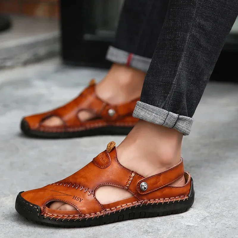 Sohiwoo 2024 Men's leather sandals trendy fashion casual work men's driving shoes large size hollow breathable shoes 38-48