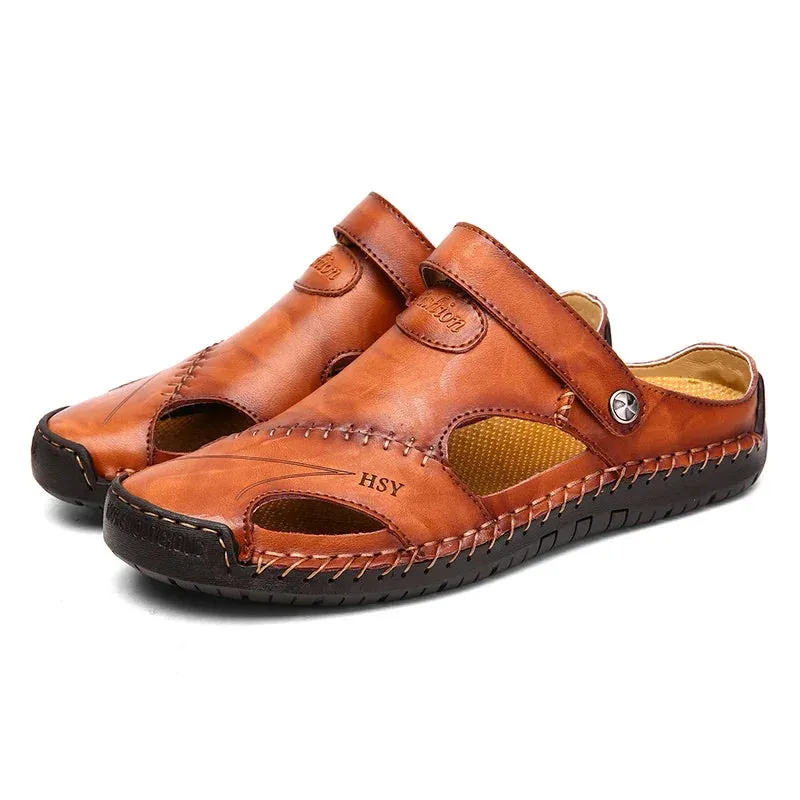 Sohiwoo 2024 Men's leather sandals trendy fashion casual work men's driving shoes large size hollow breathable shoes 38-48