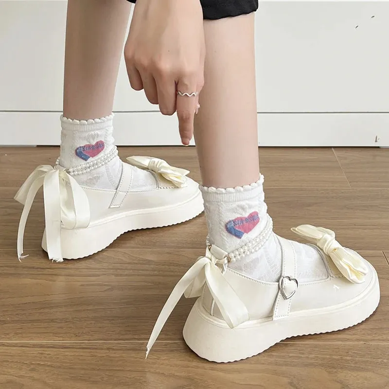 Sohiwoo Sweet Pearls Bowknot Lolita Shoes Women Heart Buckle Thick Bottom Mary Jans Woman Pu Leather Platform Jk Shoes Mujer