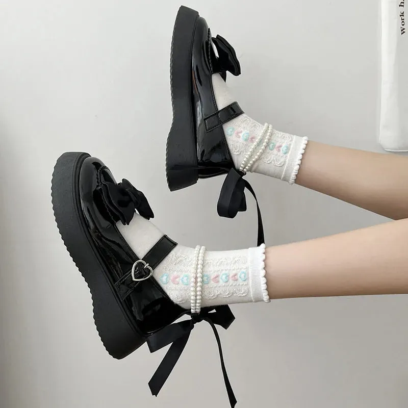 Sohiwoo Sweet Pearls Bowknot Lolita Shoes Women Heart Buckle Thick Bottom Mary Jans Woman Pu Leather Platform Jk Shoes Mujer