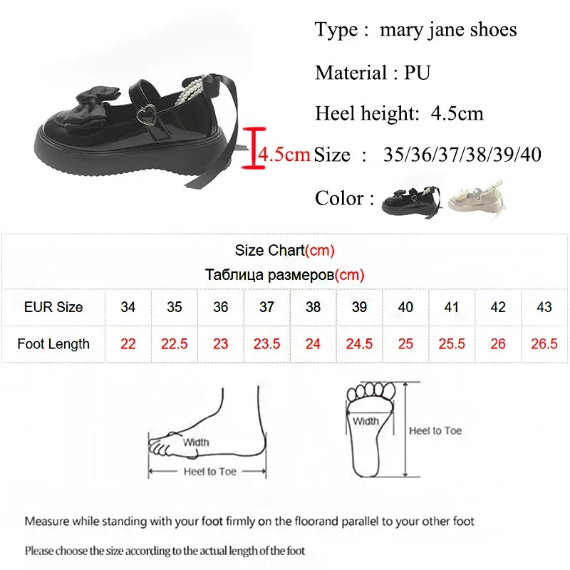 Sohiwoo Sweet Pearls Bowknot Lolita Shoes Women Heart Buckle Thick Bottom Mary Jans Woman Pu Leather Platform Jk Shoes Mujer