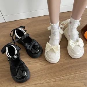 Sohiwoo Sweet Pearls Bowknot Lolita Shoes Women Heart Buckle Thick Bottom Mary Jans Woman Pu Leather Platform Jk Shoes Mujer
