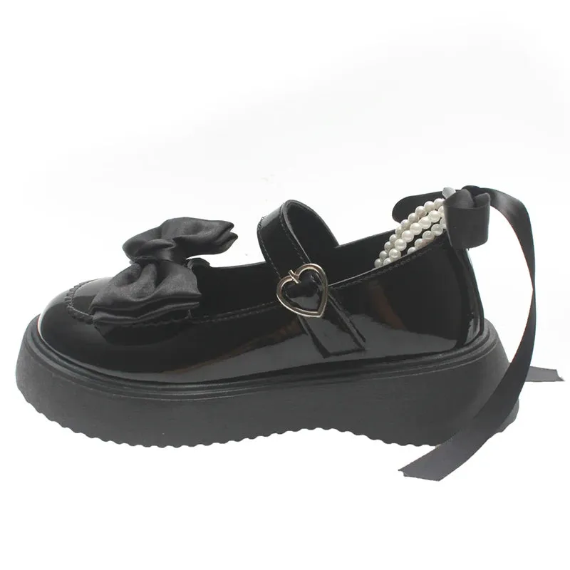 Sohiwoo Sweet Pearls Bowknot Lolita Shoes Women Heart Buckle Thick Bottom Mary Jans Woman Pu Leather Platform Jk Shoes Mujer