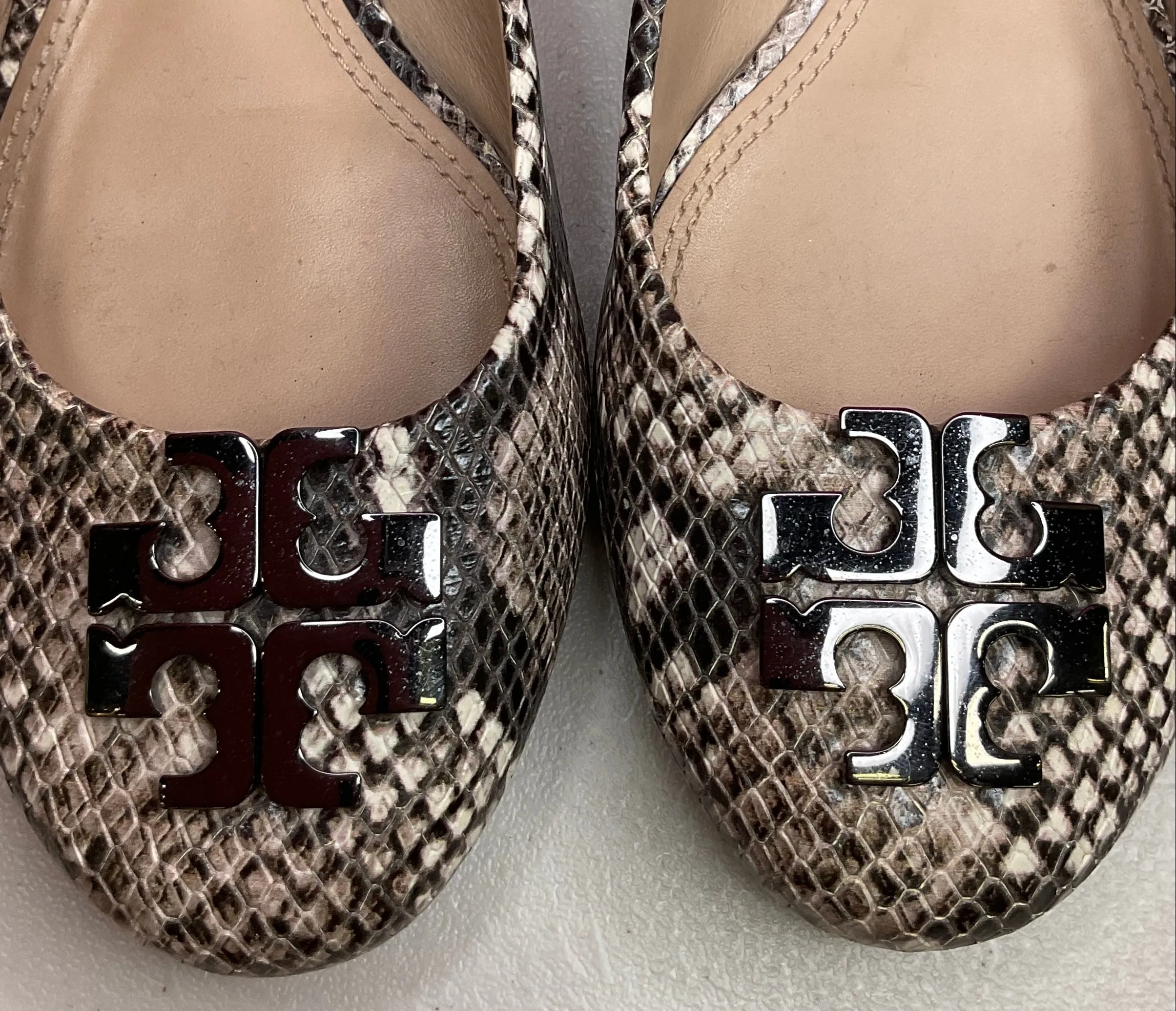 TORY BURCH SNAKESKIN RALEIGH LOGO FLATS - 8