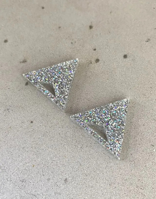 Triangle Earrings Silver Glitter