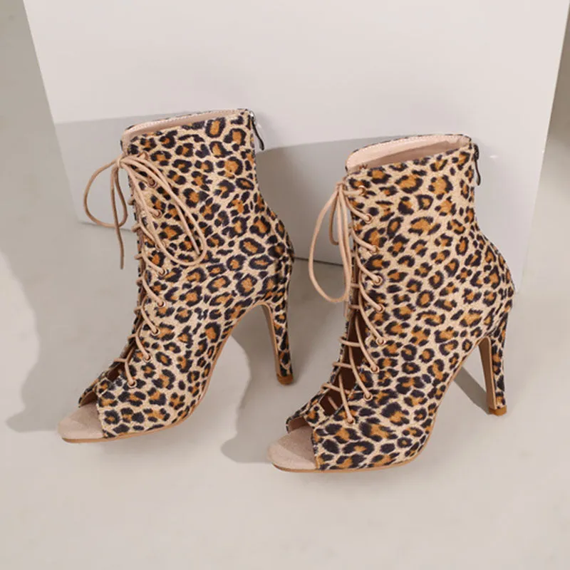 Women's 7cm/9cm Slim Heel Leopard Print Rubber Sole Leatherette Jazz Shoes Dance Heels Boots