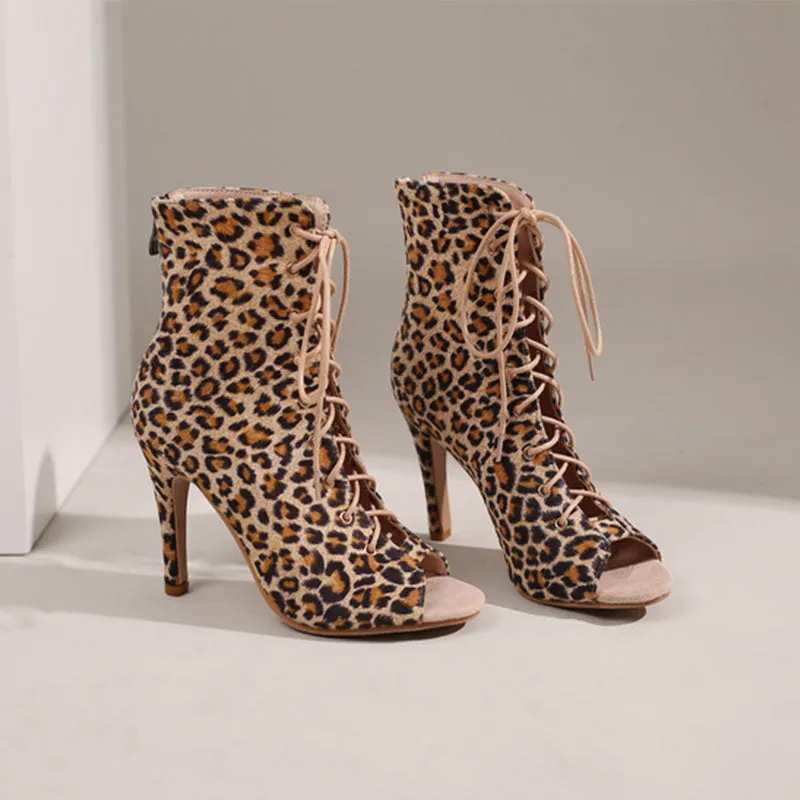 Women's 7cm/9cm Slim Heel Leopard Print Rubber Sole Leatherette Jazz Shoes Dance Heels Boots