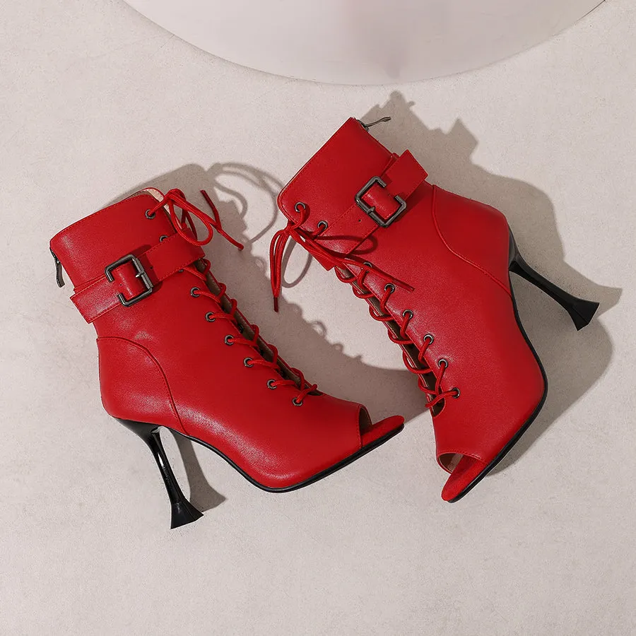Women's 9.5cm Heel Rubber Sole Leatherette Jazz Shoes Open Toe Dance Heels Boots
