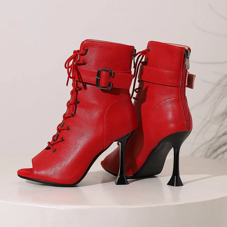Women's 9.5cm Heel Rubber Sole Leatherette Jazz Shoes Open Toe Dance Heels Boots