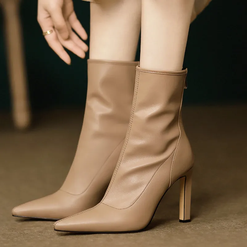 Women's Khak 9.5cm Slim Heel Rubber Sole Leatherette Jazz Shoes Closed Toe Dance Heels Boots