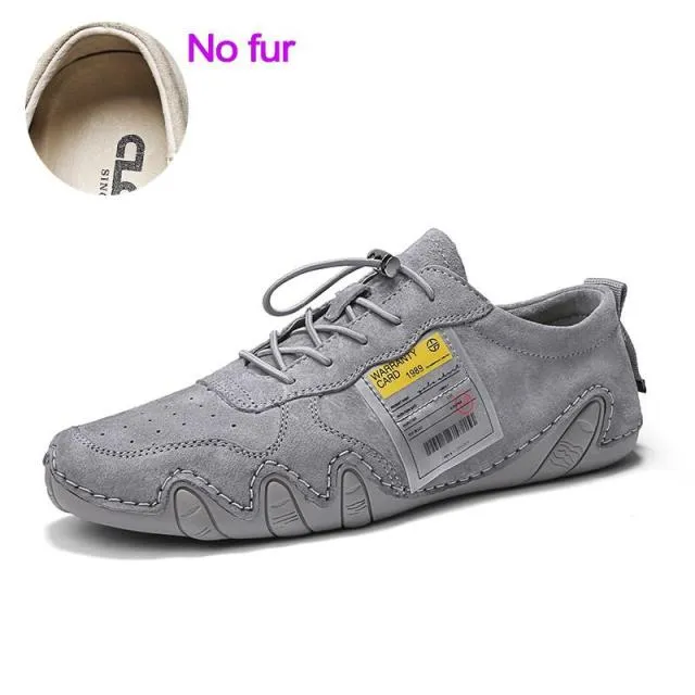 xiangtuibao    Winter Men Casual Shoes Plush Suede Leather Sneakers Handmade Driving Shoes Lace Up Daily Shoes Gray Kahki Mens Footwear
